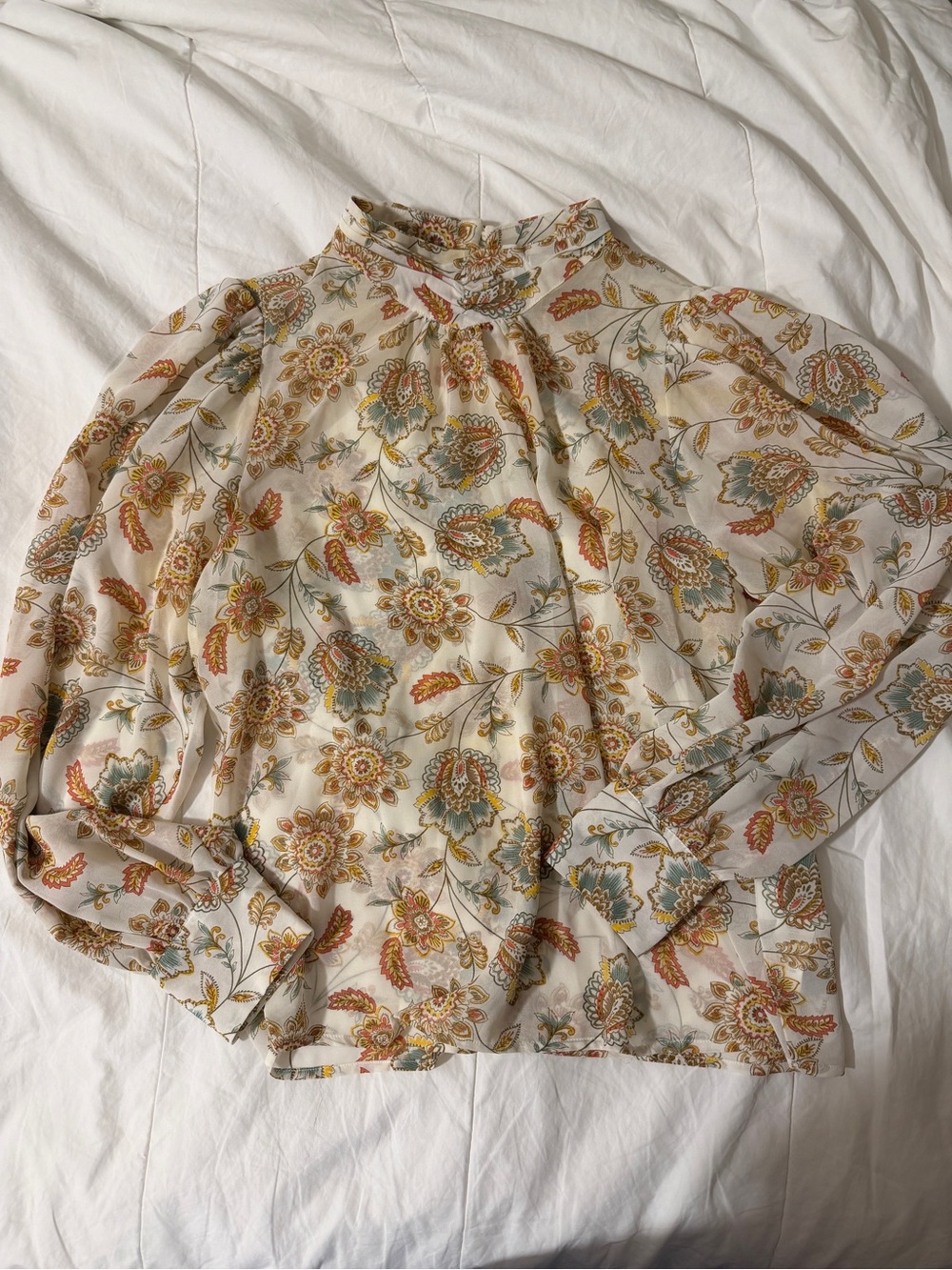 JustFab Cream Floral Mock-Neck Blouse with Gold and Sage Accents